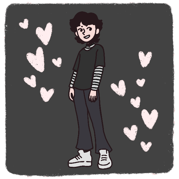 emo boy in all black standing with hearts on either side