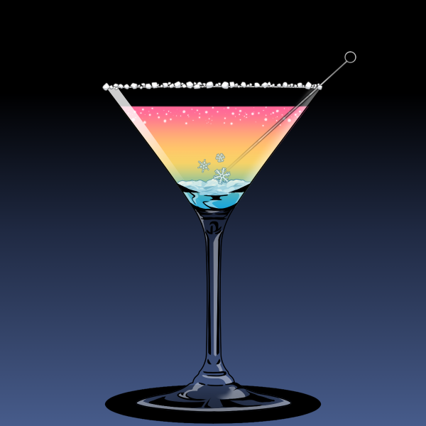 martini with colors that resemble the pansexual pride flag and snowflakes at the bottom of glass
