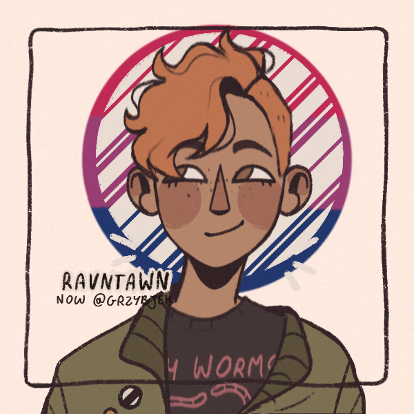 man with half-shaved head in front of bisexual pride scribble