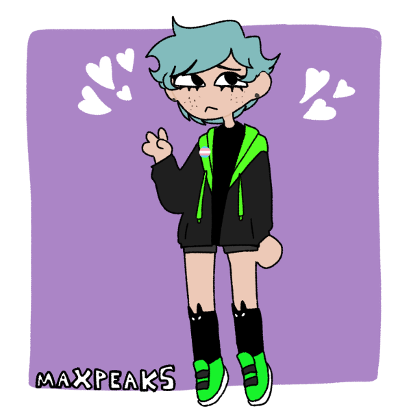 nervous blue-haired girl in neon clothes holding up peace sign