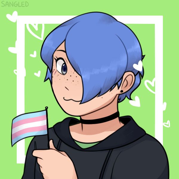 blue-haired girl in hoodie holding mini transgender flag