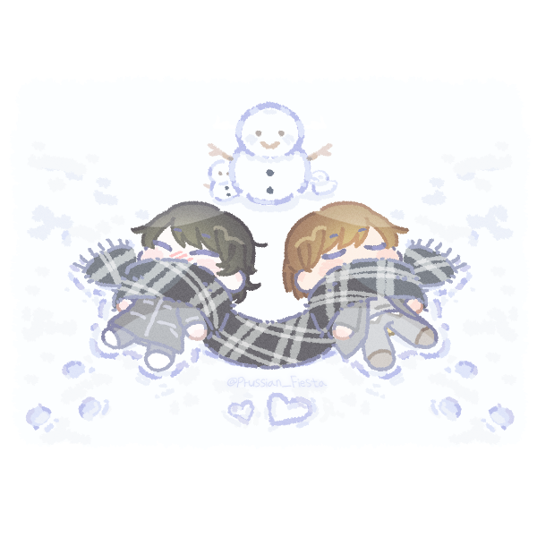two teenage boys lying in snow wearing the same large scarf