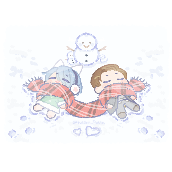 blue-haired girl with cat ears and relaxed man lying in snow wearing the same large scarf