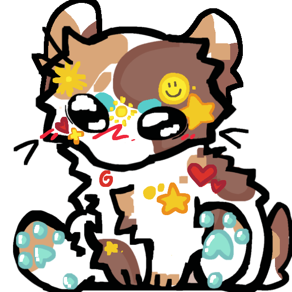 furry calico creature with stickers on fur and cyan pawpads