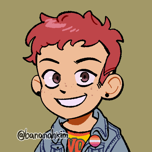 short-haired grinning girl in denim jacket wearing lesbian pride pin