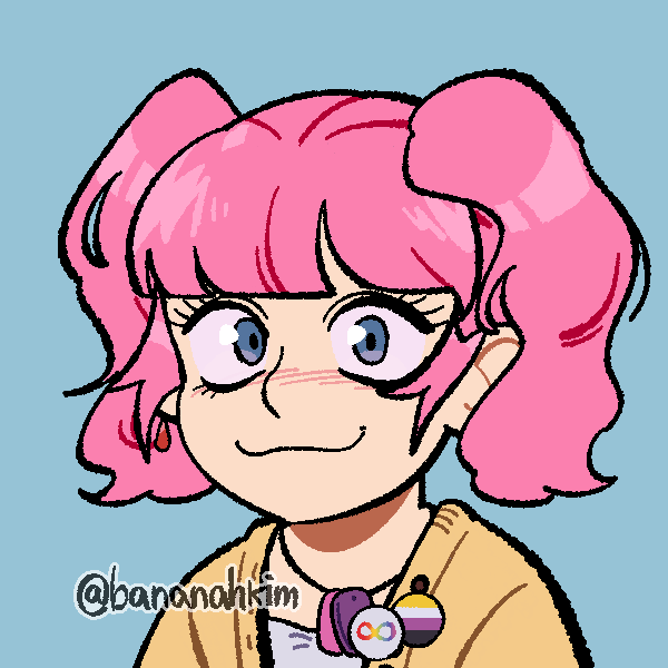 girl with pink pigtails wearing neurodivergent and nonbinary pride pins