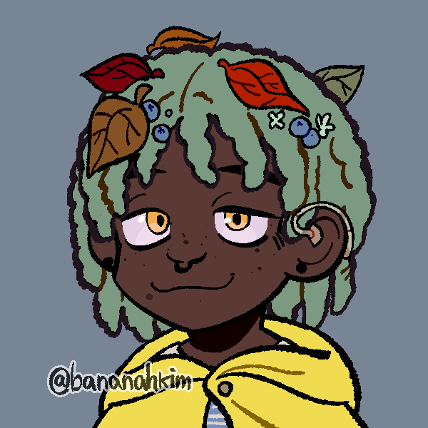 man with leaves and berries in his mossy dreadlocks wearing hearing device