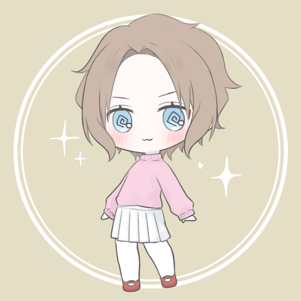 androgynous guy with swirly eyes in sweater and skirt