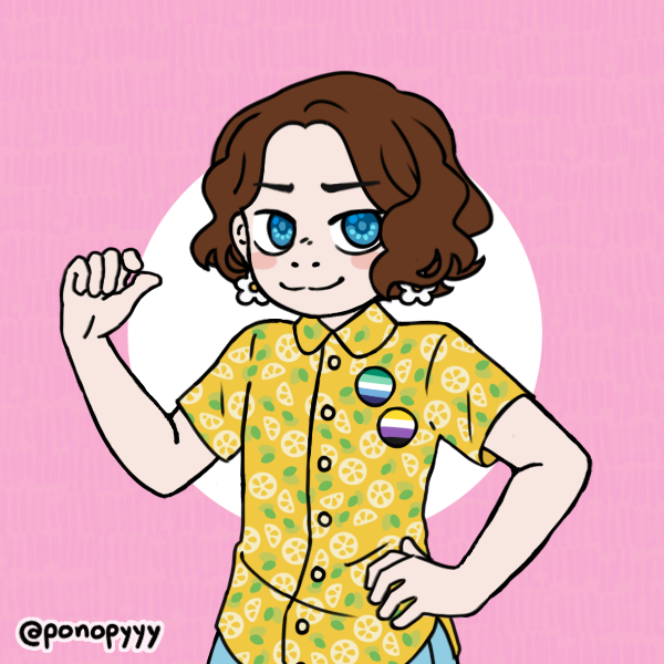 androgynous guy in lemon-patterned button up with gay male and nonbinary pride pins