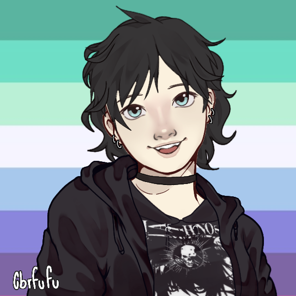 emo boy wearing death note shirt in front of gay male pride flag
