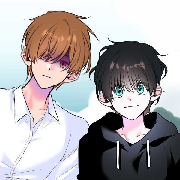 tall boy with haunting face standing next to emo boy with heart-shaped pupils