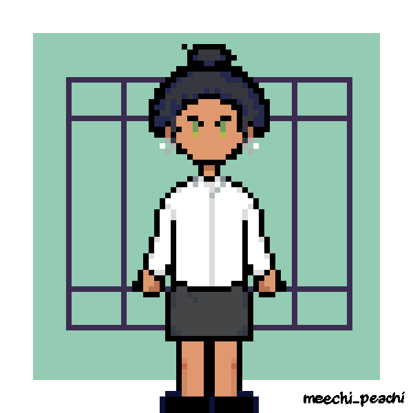 pixelated feminine person in button down and skirt with hair in a bun