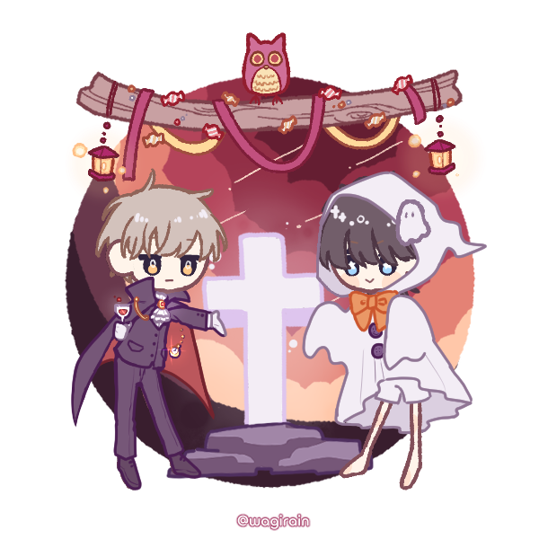 two boys in halloween costumes standing in front of white cross grave