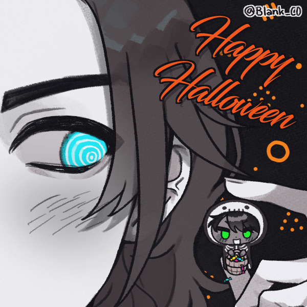 androgynous guy with swirly eyes holding tiny chibi boy in halloween costume between fingers