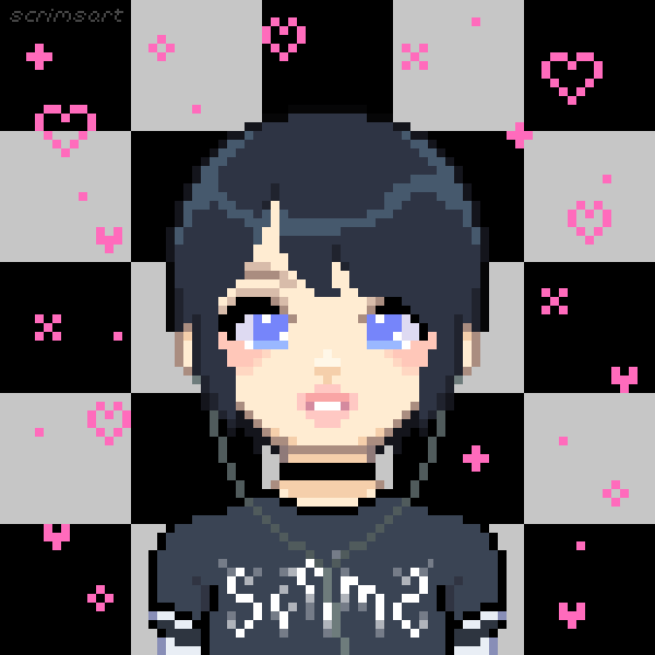 pixelated emo boy wearing wired earbuds