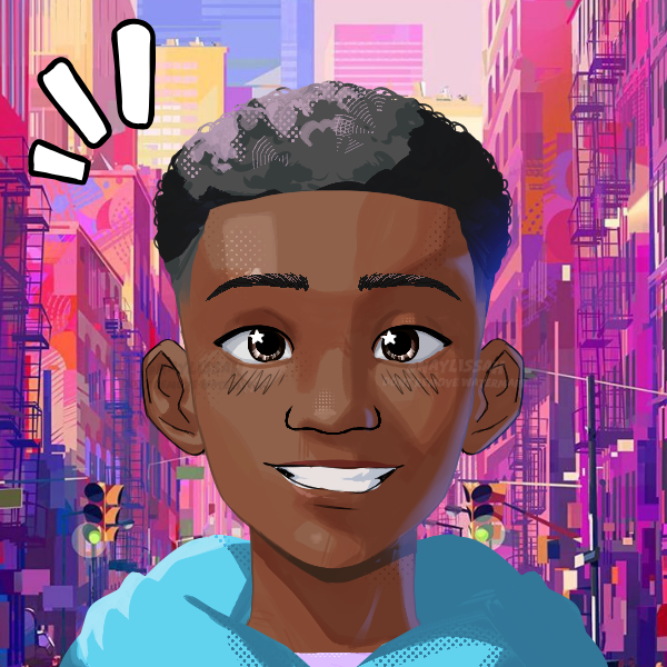 smiling ninbinary person in Spiderverse-style city
