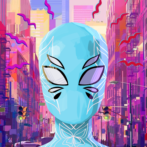 person in bright blue spiderman costume with eight eyes and intricate butterfly patterns