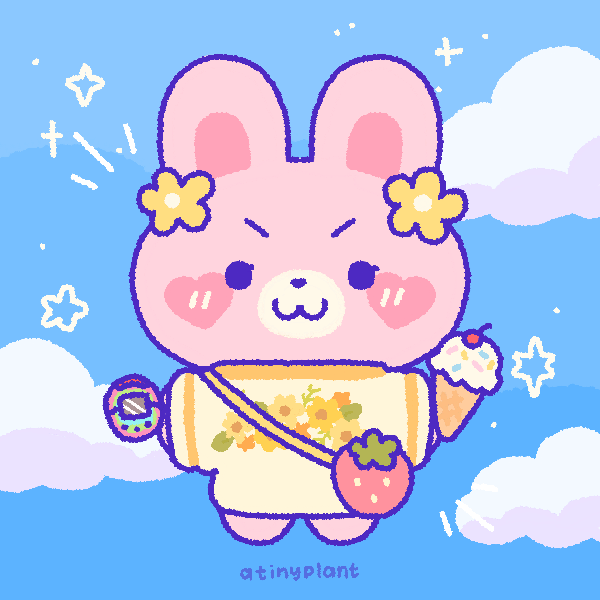 pink bunny in sunflower sweater holding tomagachi and ice cream cone