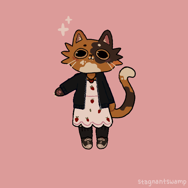 anthro calico cat in casual strawberry dress and sneakers