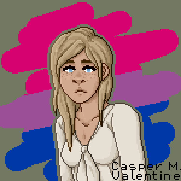 pixel art of a timid, tan girl with sandy blonde hair that hangs loose over her shoulder. her eyes are a soft, gentle blue, and her face is covered in faint freckles. the scribble behind her displays the bisexual pride flag.