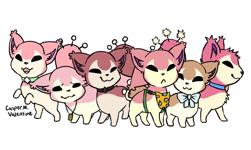 an illustrated lineup of six skitties, a pokémon that looks like a pink cat with a pin-cushion tail. each one has a different expression, pose, and slight change to the primary color of pink they are