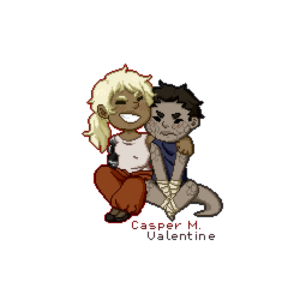 pixel art of a blonde woman with brown skin wrapping her arm around a humanoid chimera with grayish-brown skin, visibles scales on a few parts of her body, and a thick tail.