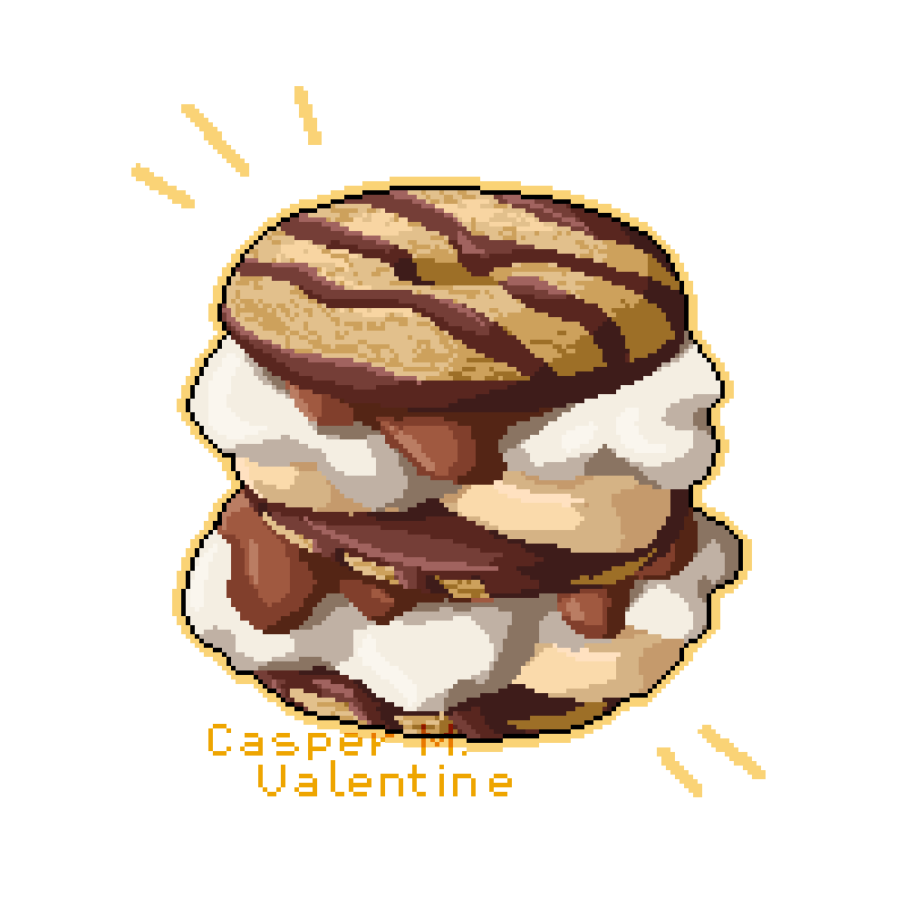 pixel art of a s'more with two layers, using fudge ripple cookies, bananas, melted chocolate, and marshmallows.