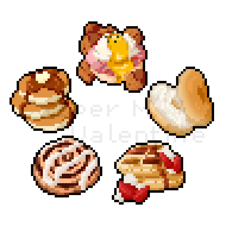 pixel art of a small collection of breakfast food in a circle, featuring a stack of pancakes, a frosted cinnamon roll, waffles with strawberries, a bagel with cream chese, and an eggs benedict with potato wedges around it.