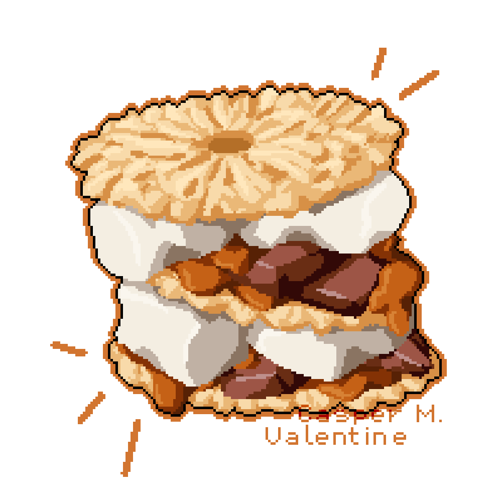 pixel art of a s'more with two layers, using wafers, caramel, chocolate, and marshmallows.