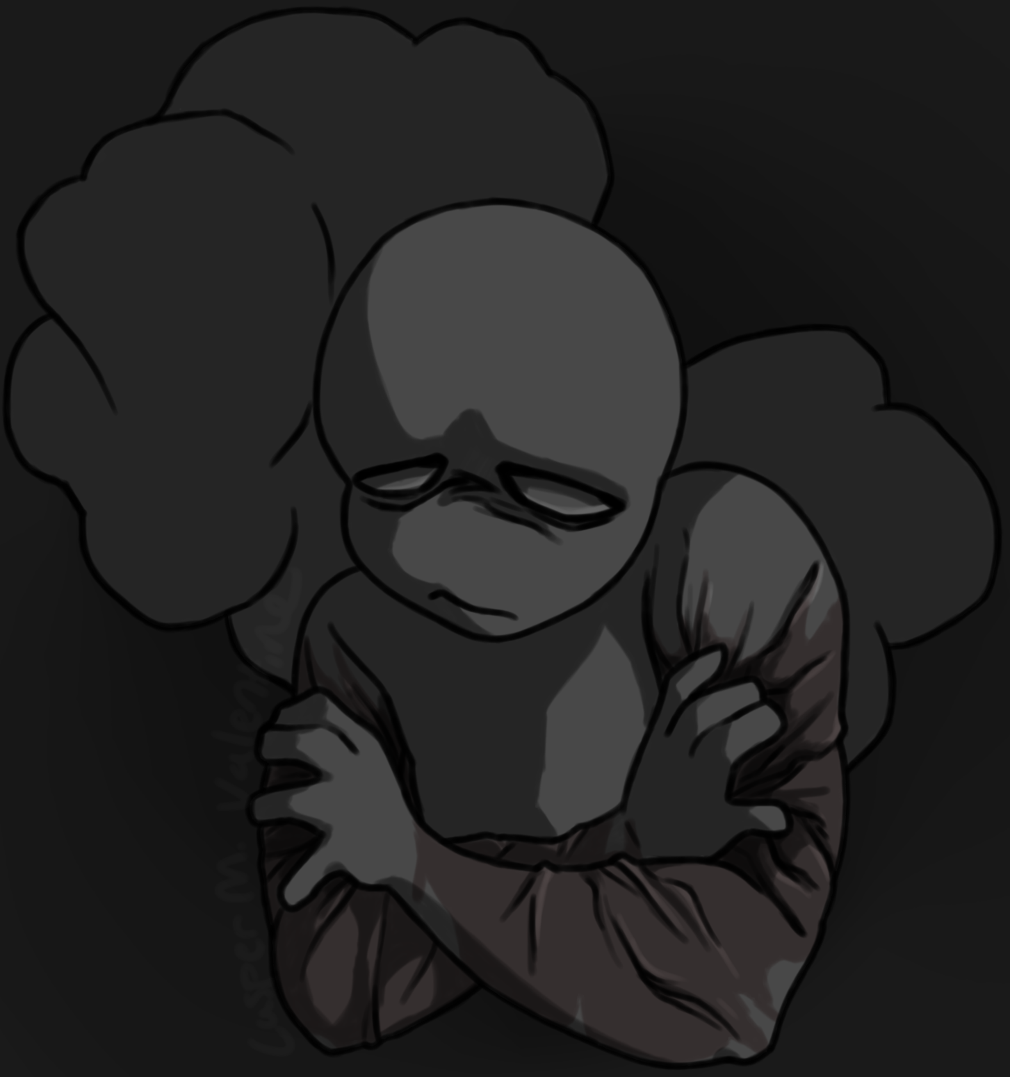 a dark drawing of a mostly featureless figure holding their head low as they grip their arms, which are reddish and wrinkled like tightly pulled fabric. the figure appears despondant with a cloud of smoke looming behind them.