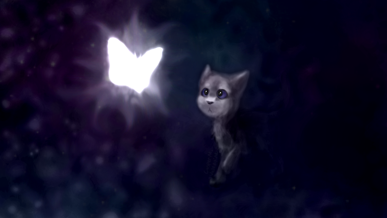 a digitally painted gray cat in a dark, mostly featureless place, approaching a pure white glowing butterfly. there are hints of cool colors like purple, deep blue, and cyan in the environment and the cat's eyes, which are wide with curiosity as it slightly lifts one of its paws. only its front half is visible while the other fades into the darkness. splotchy, dust-like dots fill the darkness around the cat and the butterfly.