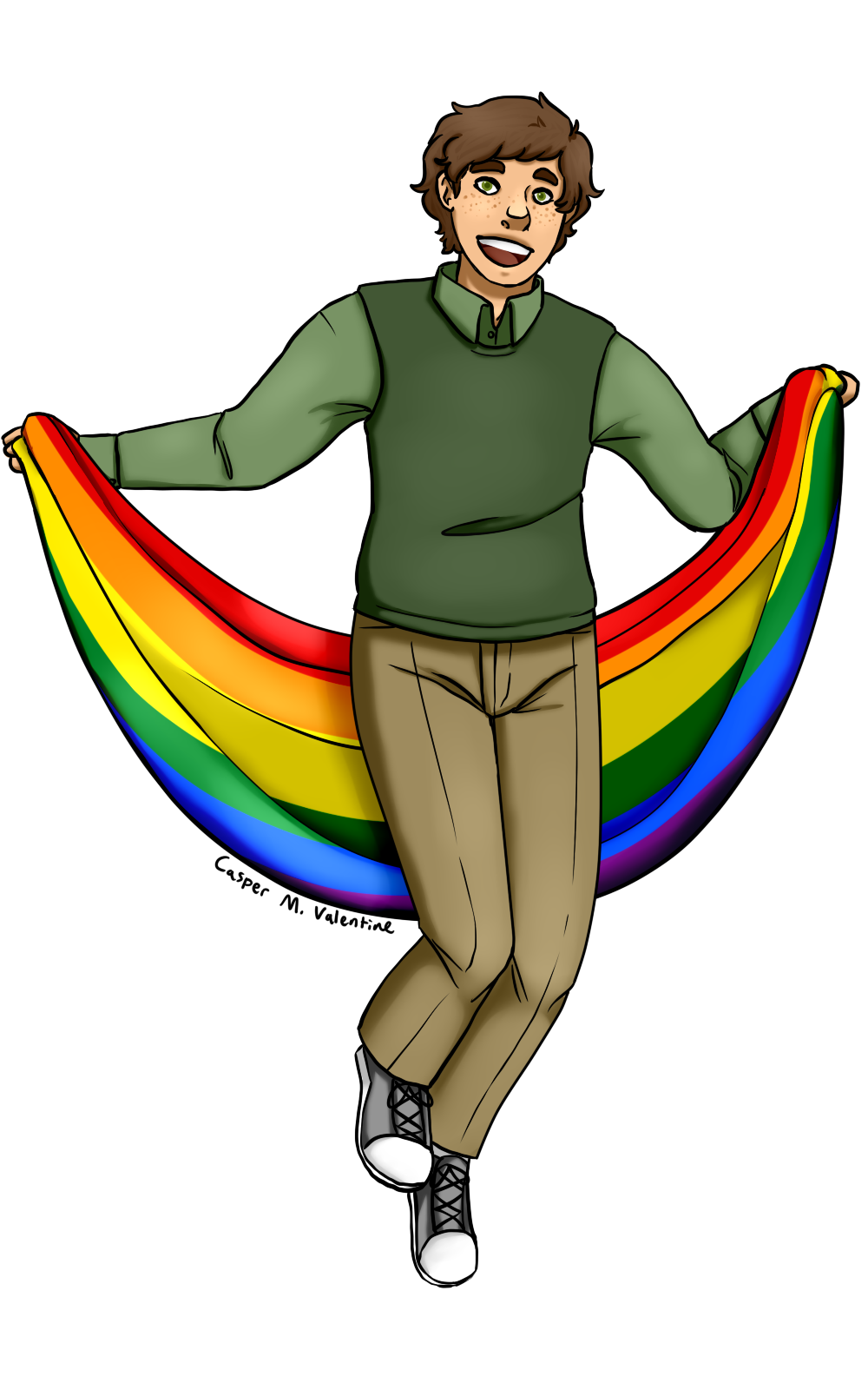 an illustration of a tan, broad-shouldered man with light brown hair and freckles, holding the gay pride flag draped behind his back. he has an open-mouth smile and is wearing a green sweater vest over a green button down, khakis, and gray sneakers