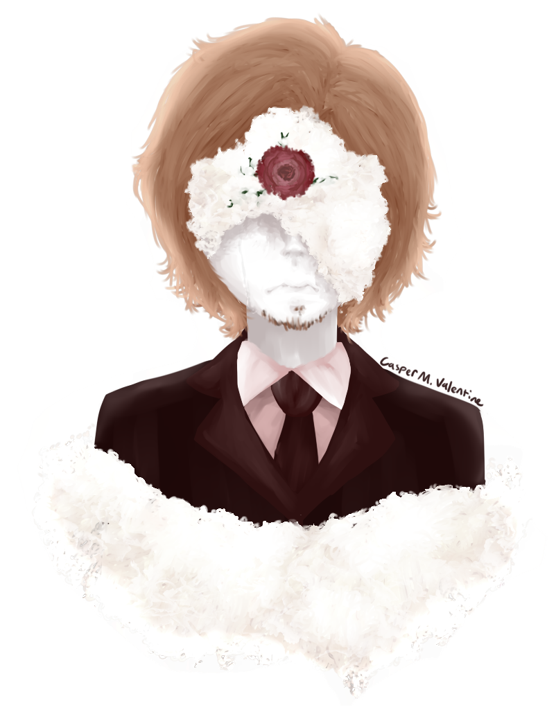 a digitally painted portrait of a ghostly pale, short-haired man in a dark suit with his upper face and body below shoulders obscured white flowers. a muted red rose is sprouting between where his inner eyebrows would be and a single tear streak is visible on his right cheek