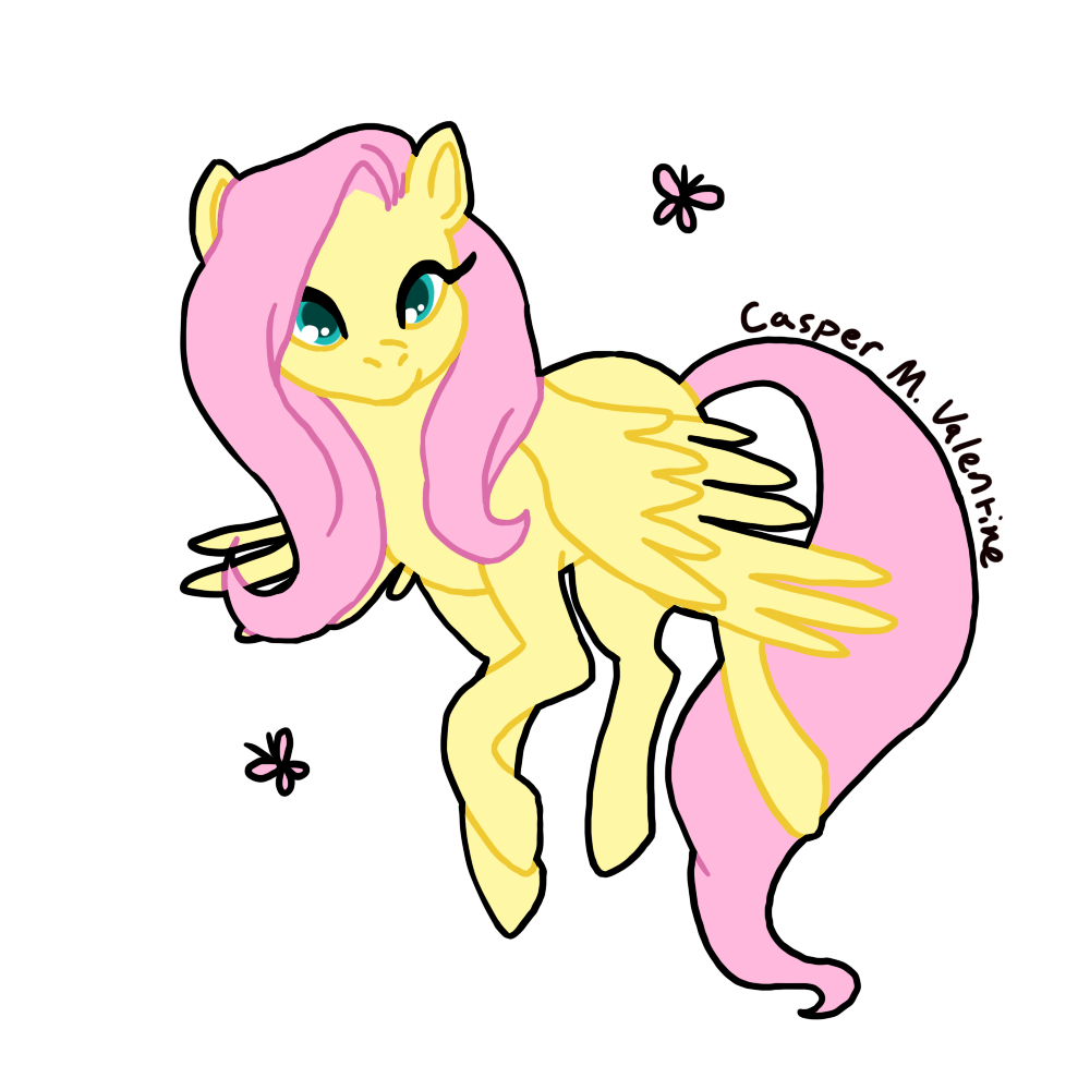 a digital drawing of Fluttershy from My Little Pony: Friendship is Magic. She is a yellow pegasus with a flowing pink mane and tail, looking over her shoulders at the butterflies around her as she hovers.