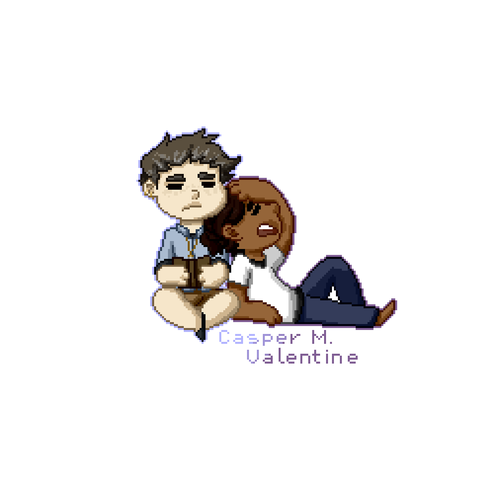 pixel art of a man with brown skin and dark hair lying on his back and leaning against a fair-skinned, genderless, masculine-presenting figure with short, graying hair. the man has his arm overdramatically laid across his face while the genderless figure holds a book in their lap, looking apathetic.