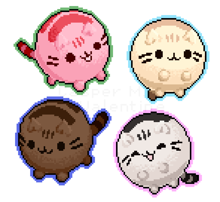 pixel art of four floating, sphere-shaped cats with large stripes on their tails and back. each one is a different color inspired by ice cream, featuring chocolate, strawberry, vanilla, and cookies and cream.