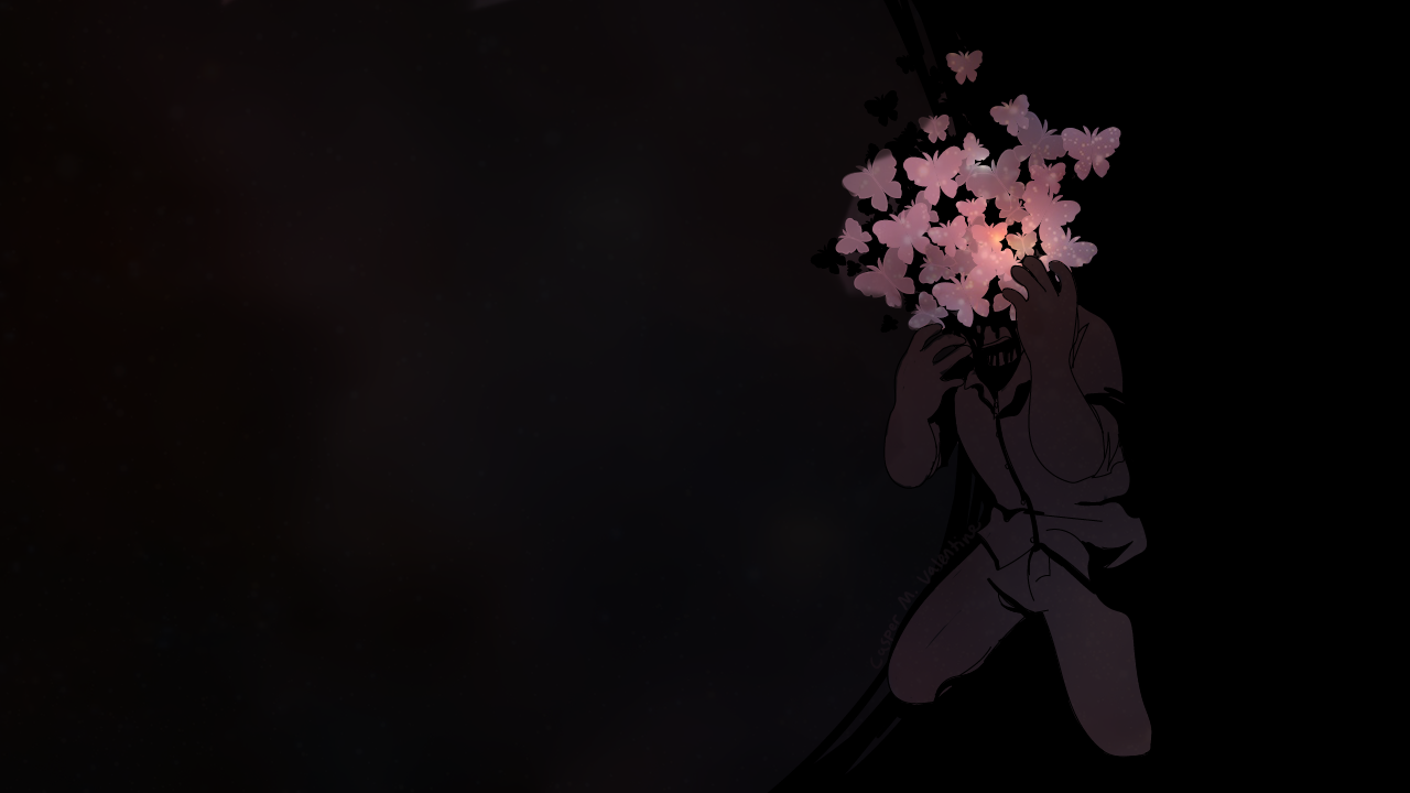 an illustration of a person in a dark, featureless space reaching for their face with both hands as black oozes from their mouth and glowing, starry-looking butterflies erupt out of their head.