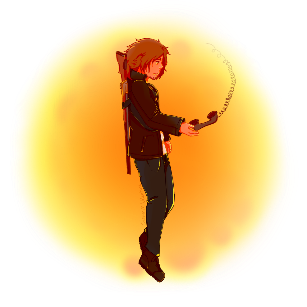 an illustration of a fair-skinned man with a hollow expression floating in front of circular background that is yellow like sunset, letting go of a corded phone with a wire that fades away. he has long hair, a leather jacket, and a shotgun attached to his back.