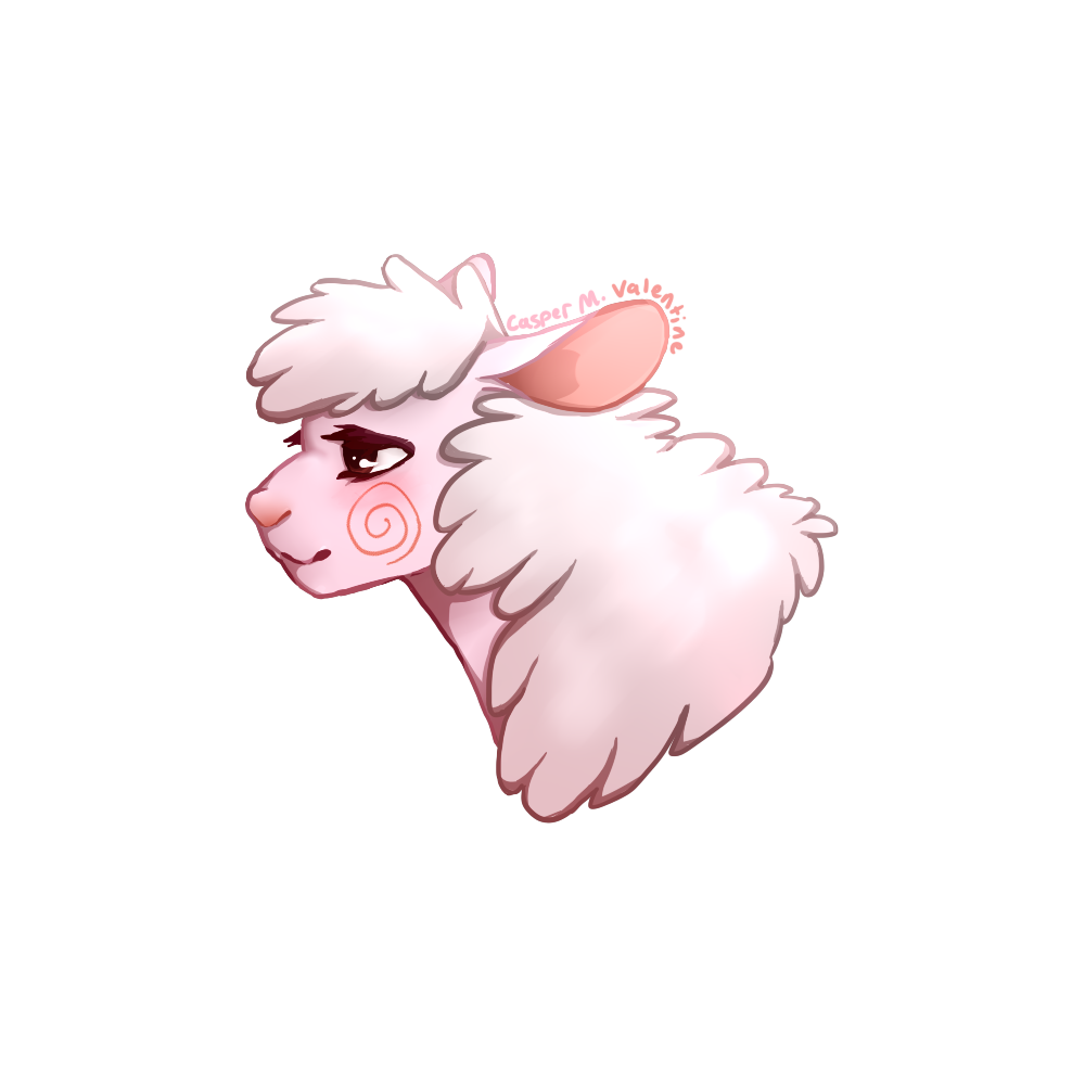 an illustrated portrait of a serene, cow-like sheep creature with thick eyelashes that is mostly pale pink