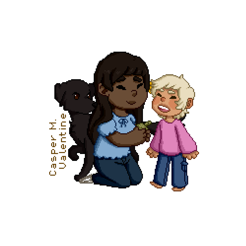 pixel art of a caretaker holding up a small softshell turtle in her hand to show an excited young boy with tan skin and a sunflower in his bright blonde hair. the caretaker has long hair and is wearing all blue, while the child is wearing a long-sleeved, pink shirt. behind her, a black australian retriever stares curiously at the turtle with one of her paws up.