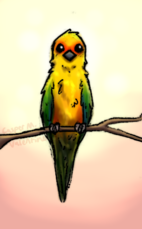 a digital illustration of a happy sun conure perched on a branch on a bright background, fading from pale yellow at the top to pale rose at the bottom.