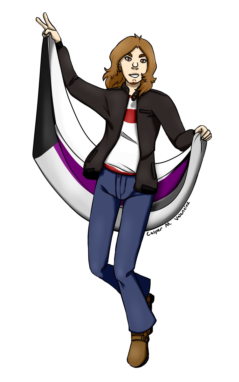 an illustration of a fair-skinned white man with long, caramel-colored hair and a cocky smile, draping the demisexual pride flag behind his back with his right hand held high in a peace sign. he is wearing cowboy boots, flared pants, and a leather jacket