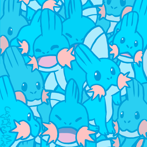 an all-blue illustration of a bunch of mudkips clumped together, pokémon that look like a cross between a mudskipper and an axolotl