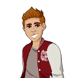 pixel art of a tall, tan man standing casually with his hand in his pants pocket and a smile on his face. his copper-colored hair is fluffy on top and short on the sides. he is wearing red letterman jacket with the letters 'GF' on the front.