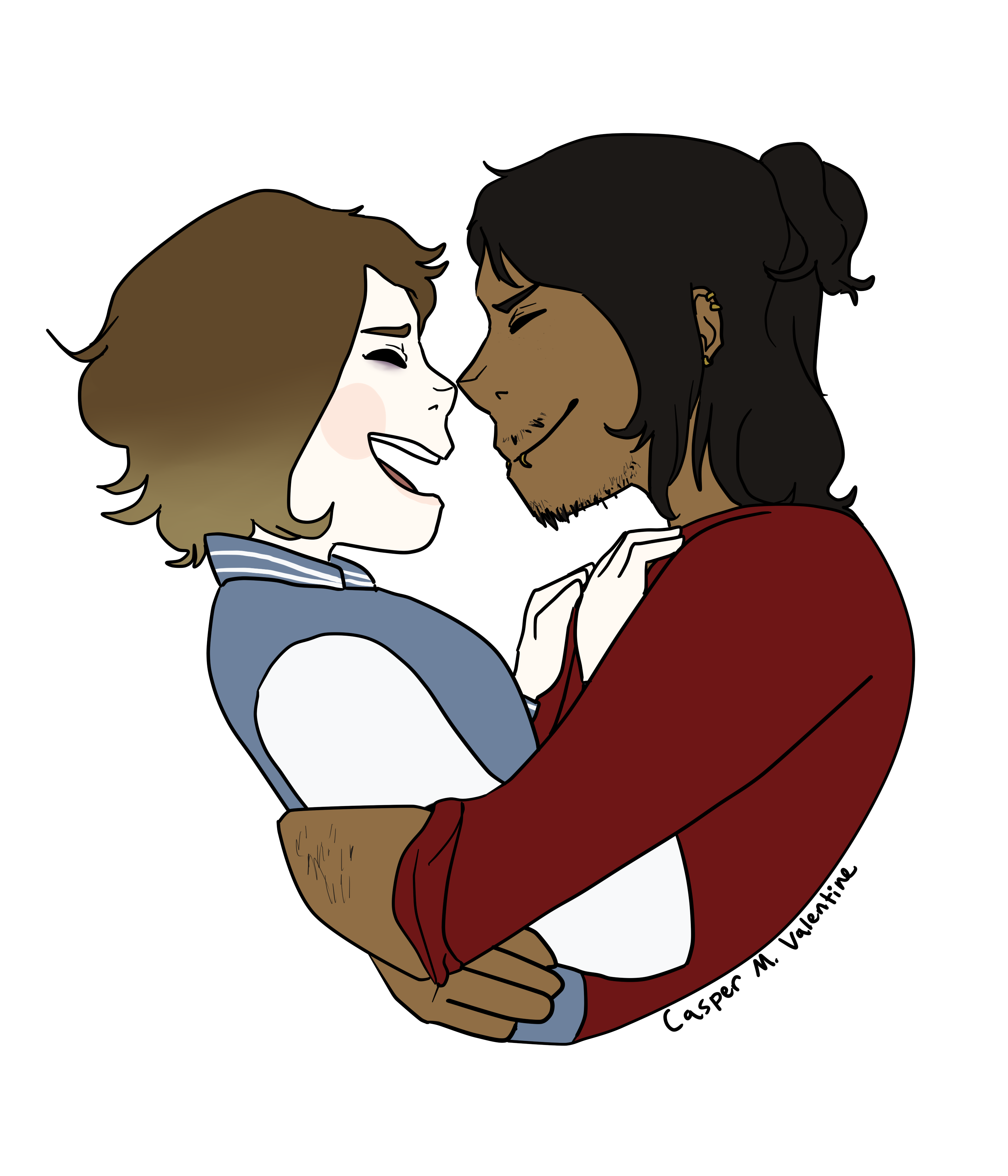 an illustration of gay couple holding each other and smiling with their noses touching. the guy on the left is a sentient porcelain doll with pale circles on his cheeks and wavy brown hair that lightens at the bottom. the man on the right has brown skin, long hair, golden lip piercings, and patchy facial hair