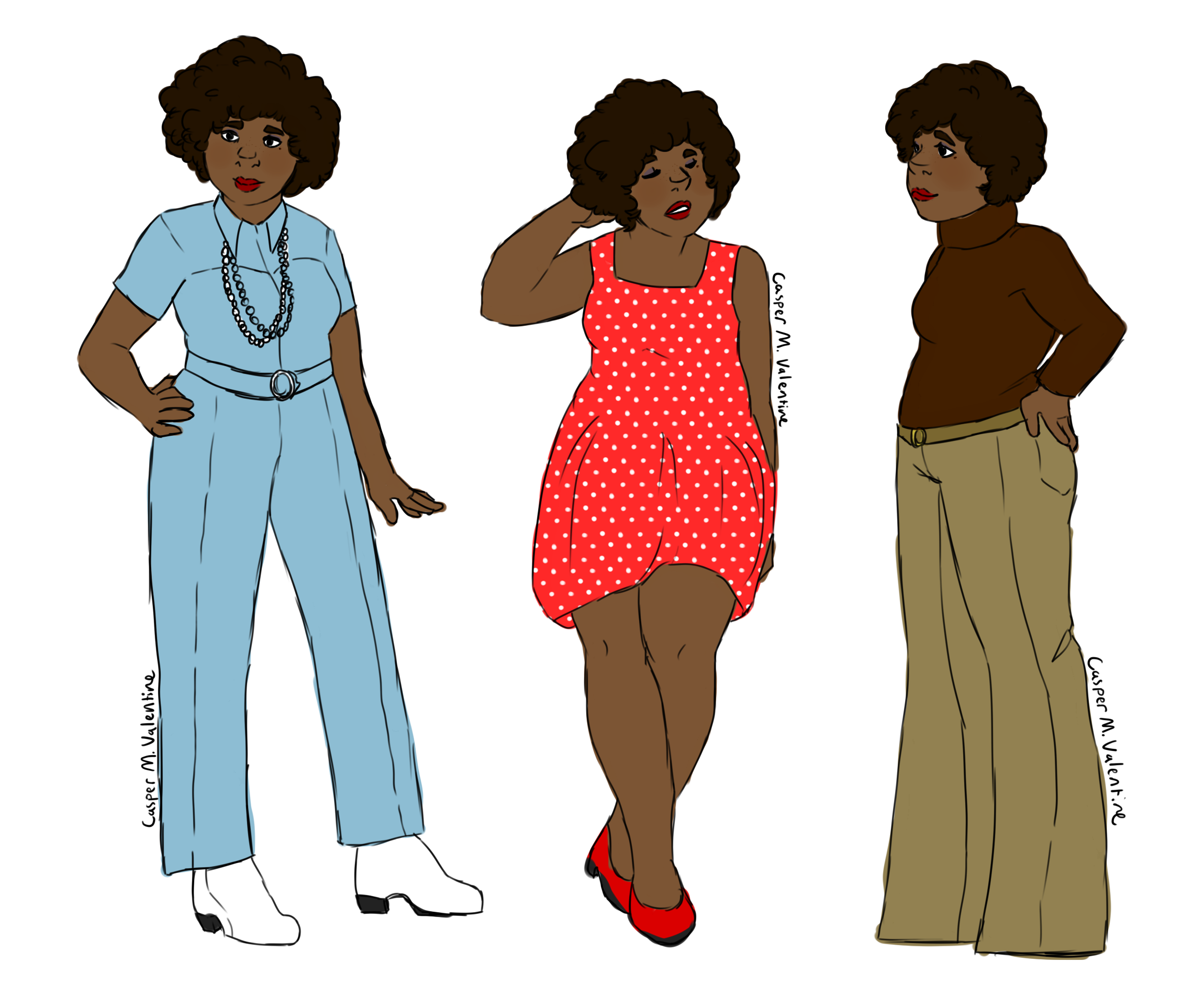 an illustration of a short black woman with red lipstick and fluffy hair in three different poses and outfits. the first outfit is a blue jumpsuit with a belt, white boots, and a set of pearl necklaces; the second outfit is a polka-dotted red dress with red flats; the third outfit is a brown, turtleneck sweater with flared beige pants that cover her feet completely