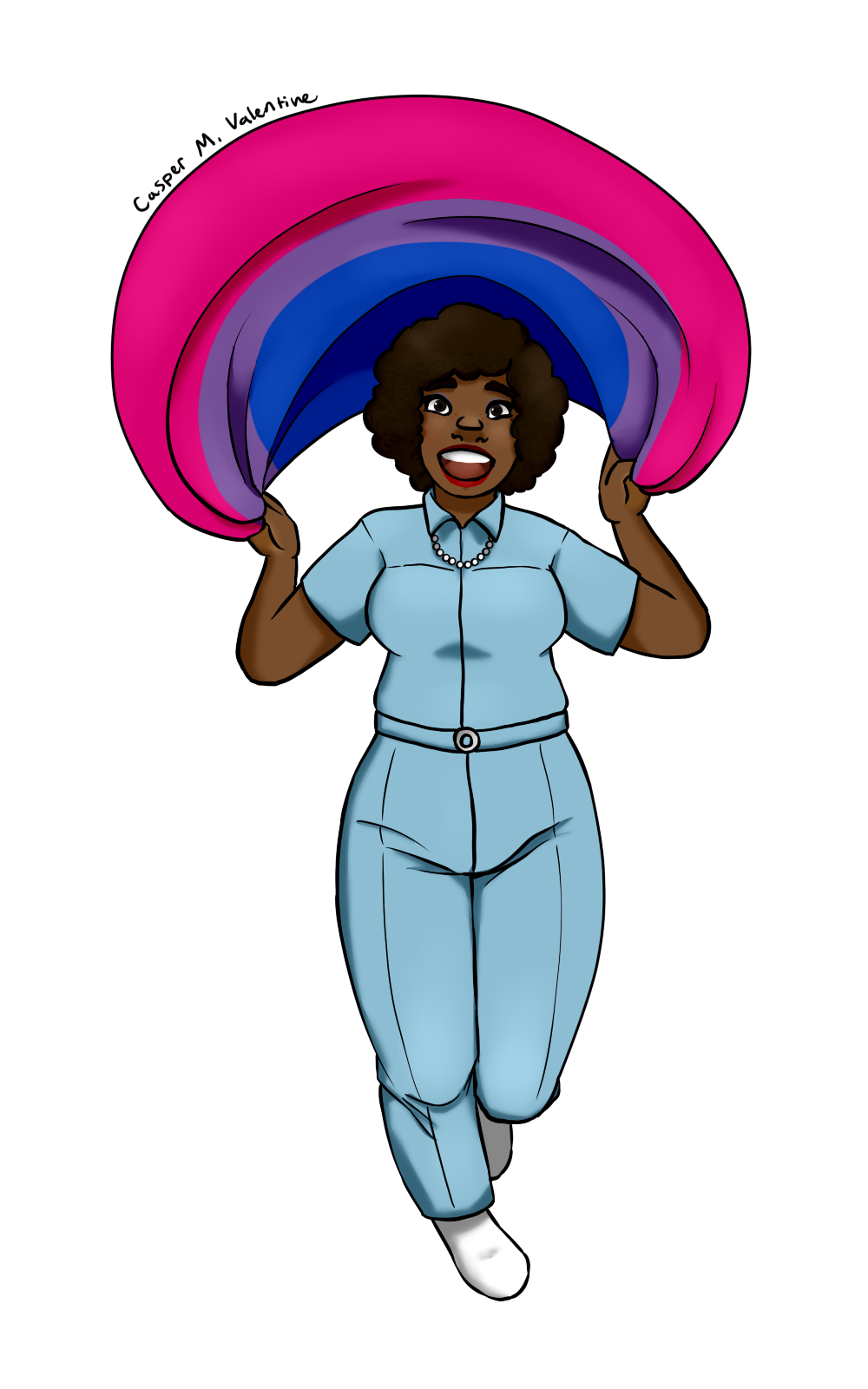 an illustration of a black woman with an excited smile, red lipstick, and fluffy, dark brown hair holding the bisexual pride flag over her head and jumping in the air. she is wearing a blue jumpsuit with a matching belt, white boots, and a pearl necklace