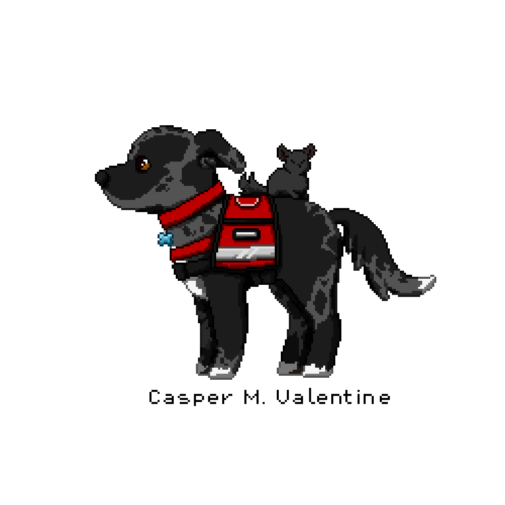 pixel art of a dog wearing a service dog vest with a chinchilla sitting on her back. the dog is gray with black splotches and white on her chest, tail tip, and paws. the chinchilla is charcoal-colored and has his eyes closed.