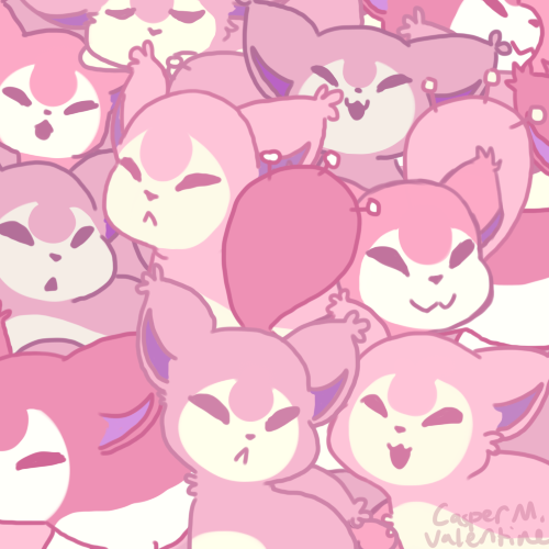 an all-pink illustration of a bunch of skitties clumped together, pokémon that look like a pink cats with a pin-cushion tails