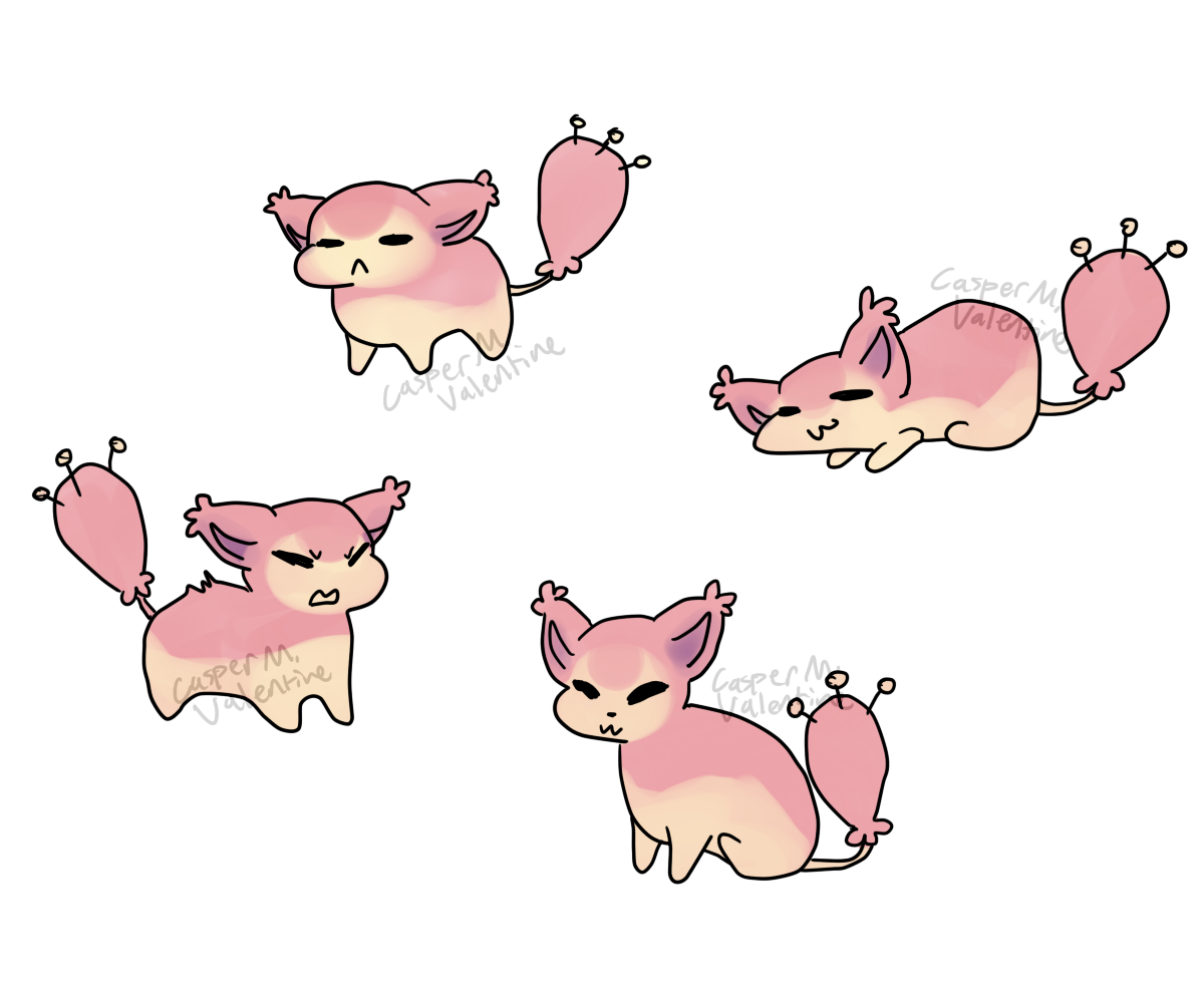 four quick doodles of skitty, a pokémon that looks like a pink cat with a pin-cushion tail. one looks unimpressed, one is smooshing its face on the ground and looks relaxed, one looks agitated with its back fluffed up, and one is sitting with a content expression on its face